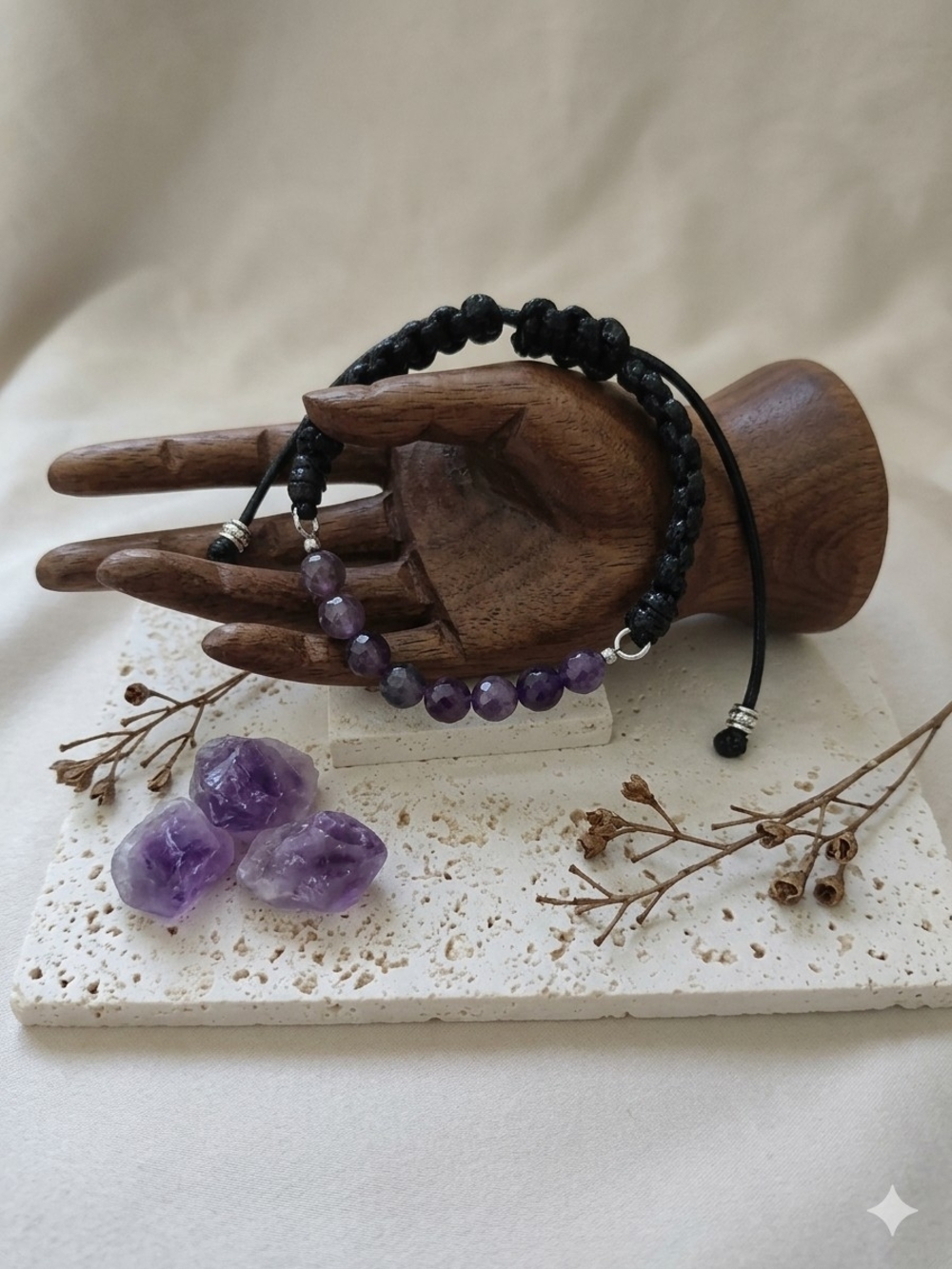 Black Macrame Bracelet with Amethyst Beads